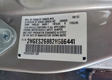 2002 Honda Civic Ex z USA, uszkodzony, nr VIN 2HGES26882H586441